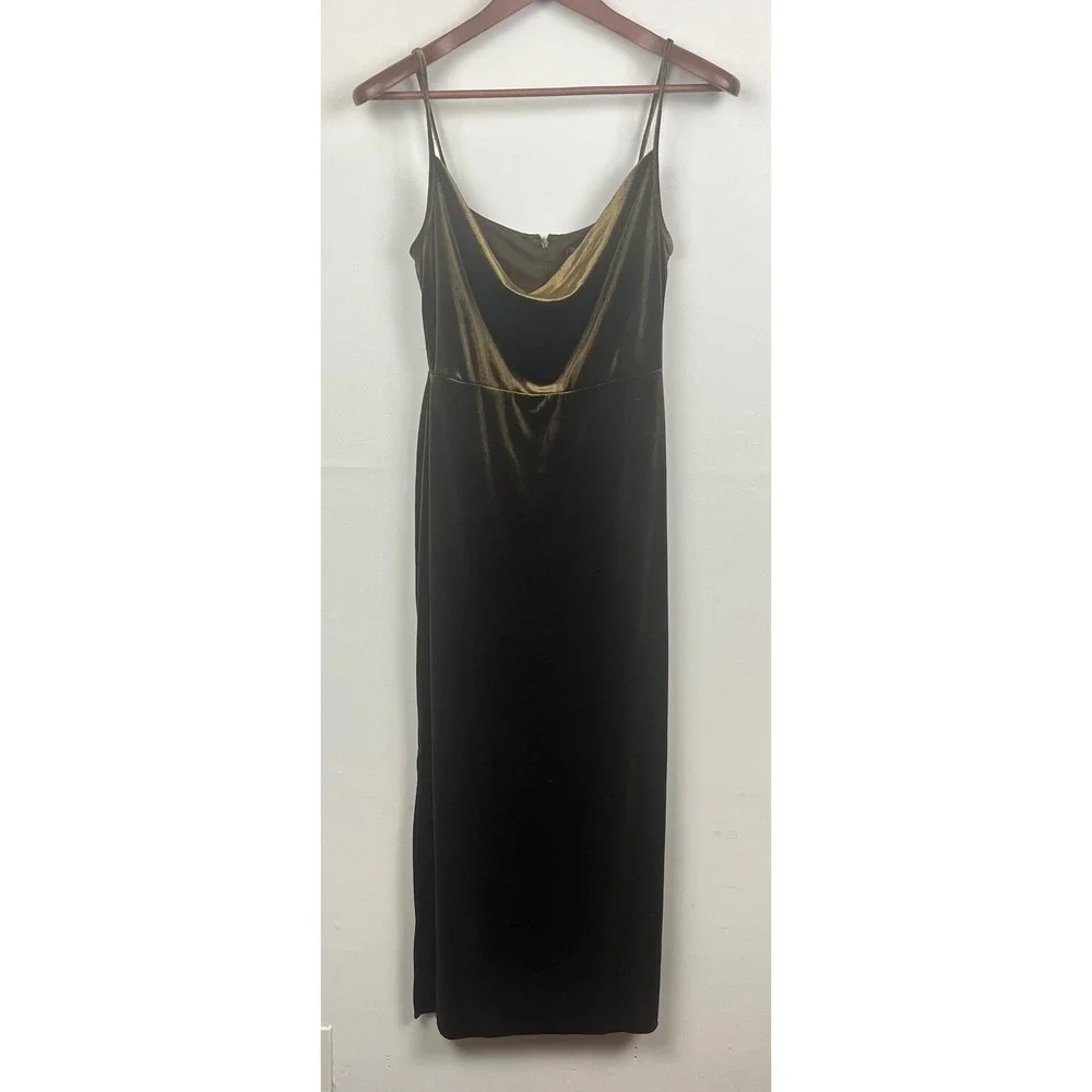 Just Taylor Olive Green Velvet Cowl Neck Maxi Dress Spaghetti Strap Size 2